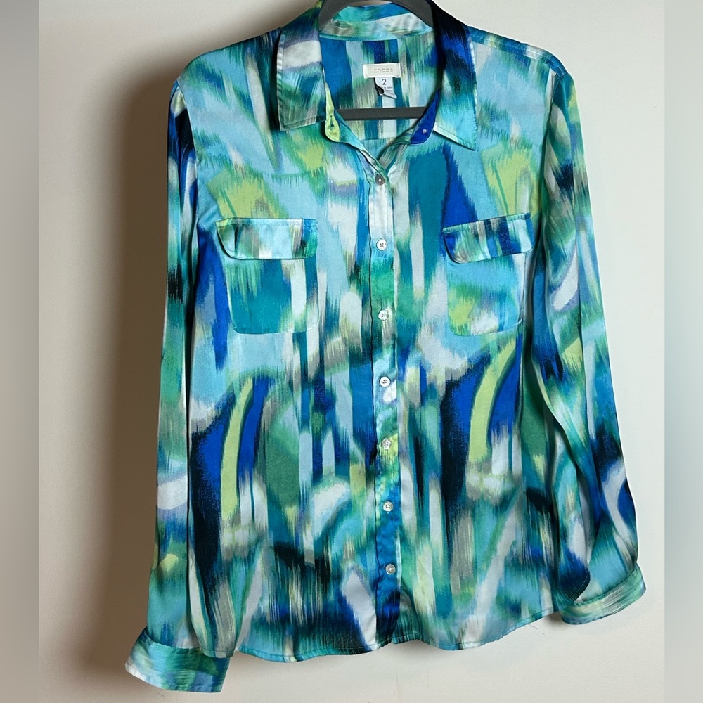 Chico's Vibrant Blue and Green Button‎ Down Shirt